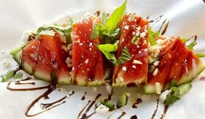 Seasonal Watermelon Wedge Salad: Vegan if made with vegan feta cheese
 at The Twisted Fig in Caldwell