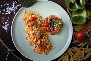 MAMA MIA Spaghetti Meat ball with tomato sauce and using Omnimeat at Groove & Greens Café in Nonthaburi