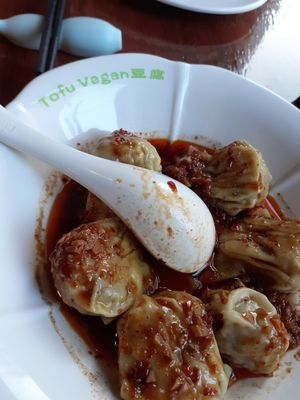 VERY spicy wontons marked as one chilli 'mild' at Tofu Vegan - Spitalfields in East London