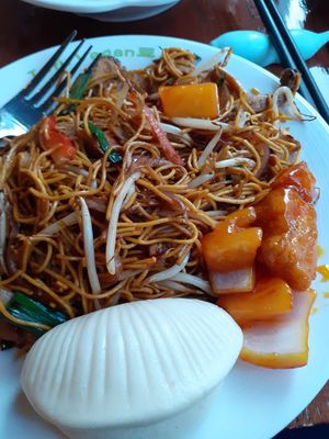 selection of food, highly recommend noodles (back of menu) for £8.95 with bits of fake meat, f'acon and oyster mushrooms.  at Tofu Vegan - Spitalfields in East London