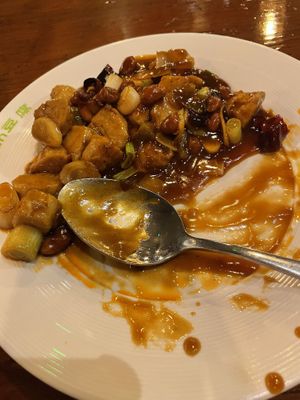 Chick’n with orange (ooos half eaten!)  at Tofu Vegan - Spitalfields in East London