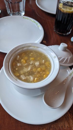 Chicken and Sweetcorn Soup at Tofu Vegan - Spitalfields in East London