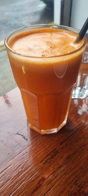 Juice mix (orange, apple, carrot, ginger) at Tofu Vegan - Spitalfields in East London