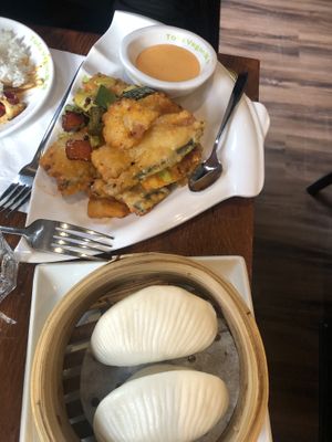 Fisc and lotus leaf bun   at Tofu Vegan - Spitalfields in East London