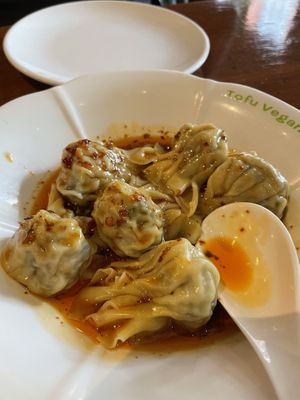 Wontons in house special chili sauce   at Tofu Vegan - Spitalfields in East London