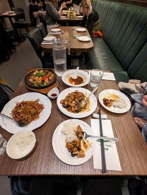 Sizzling tofu, special fried noodles, gong bao chick'n, rice and wontons (empty dish though) at Tofu Vegan - Spitalfields in East London