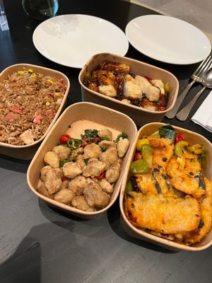 Twice cooked “fisc” courgette signature dish and amazing! Salt & pepper tofu, special fried rice and black bean tofu. at Tofu Vegan - Spitalfields in East London