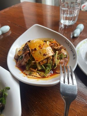 ‘Man-and-wife’ slices in a spicy sauce (vegan version of a chengdu street snack)  at Tofu Vegan - Spitalfields in East London