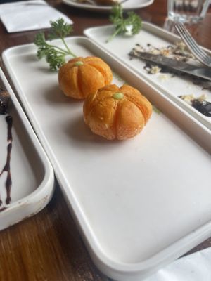 Pumpkin lantern and remains of the sweet potato rolls   at Tofu Vegan - Spitalfields in East London