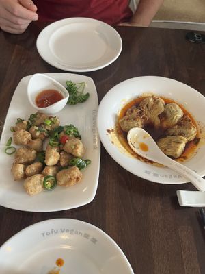 Deep Fried “chicken” (left) Wontons (right)! 🤤🤤  at Tofu Vegan - Spitalfields in East London