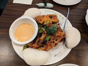 Twice cooked Fisc with buns at Tofu Vegan - Spitalfields in East London