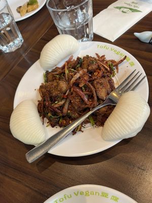 Stir fried ‘lamm’ with cumin and chili  at Tofu Vegan - Spitalfields in East London