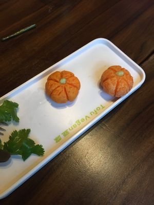 Cute little pumpkin puddings.   at Tofu Vegan - Spitalfields in East London