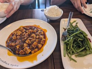 Mapo tofu, stir fried greens at Tofu Vegan - Spitalfields in East London