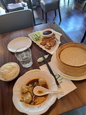 Spicy dumplings and pecking duck. at Tofu Vegan - Spitalfields in East London
