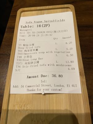 The bill  at Tofu Vegan - Spitalfields in East London