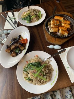 (All from GF menu) Tofu in special sauce, Ho fun noodles, Dongbei potato, green pepper & aubergine   at Tofu Vegan - Spitalfields in East London