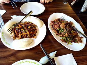 Cumin lamm and stir-fried oyster mushrooms with buns at Tofu Vegan - Spitalfields in East London