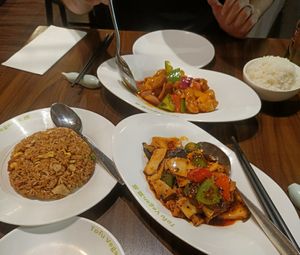 Sweet & sour chicken and stir-fried tofu with king o'ster mushrooms with garlic at Tofu Vegan - Spitalfields in East London