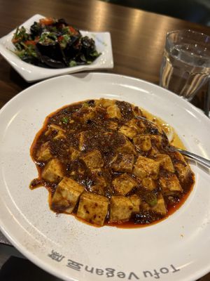 Spicy mapo tofu and cloud ear fungus salad  at Tofu Vegan - Spitalfields in East London