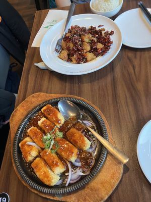 Chilli dish (background) and house sauce (foreground)  at Tofu Vegan - Spitalfields in East London