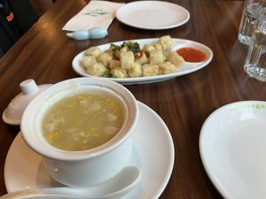 Soup and salt pepper chicken starter  at Tofu Vegan - Spitalfields in East London
