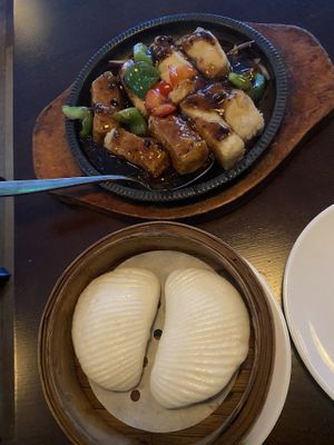 Fried tofu with black bean sauce and lotus buns: tasty  at Tofu Vegan - Spitalfields in East London