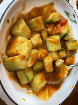 Smashed cucumber- delicious sauce!  at Tofu Vegan - Spitalfields in East London
