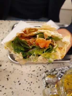 Inside the fattoush and hummus wrap at The Lebanese Sajeria - Haarlemmerstraat in Amsterdam