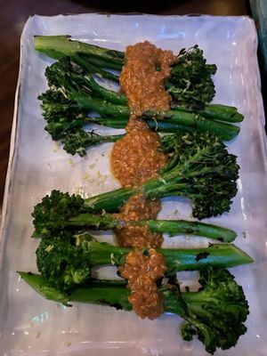 grilled broccolini & spicy quinoa - super smoky and delicious - it's vegan if you leave off the garlic sauce! at Sexy Fish in Miami