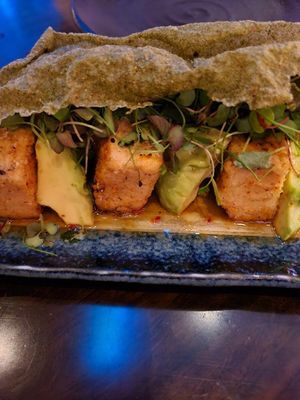 crispy tofu & avocado, maple citrus dressing salad at Sexy Fish in Miami