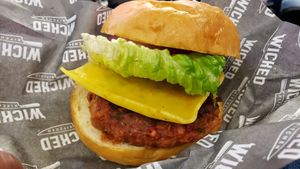Jalapeno gouda burger ($17). Spicy and interesting, though the bun wasn't toasted and the patty was a bit mushy. at Wicked Kitchen - Food Stand in Minneapolis