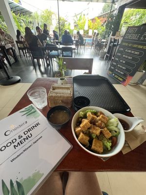 Teriyaki Tofu Rice Bowl USD$3.50 came with delicious seaweed miso soupp  at Onederz Hostel in Siem Reap