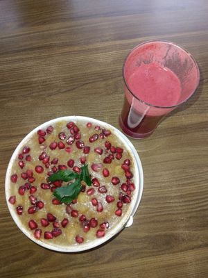 Delicious and kind of sweet. This is some sort of porridge ( but not oatmeal). ABC Juice. at Sat Saheb in Kathmandu