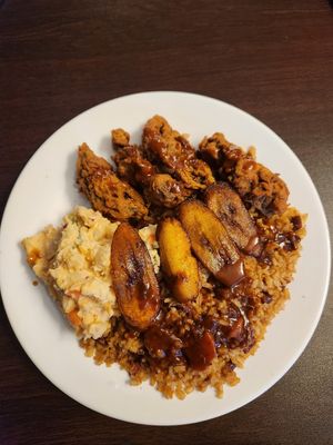 Fried mushroom dinner with 🥔 salad,  plantain, rice and peas at Starving Vegan in Brooklyn