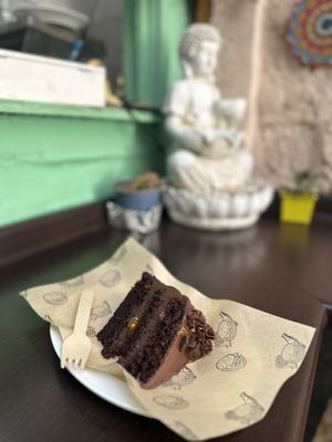 Chocolate with maracuyá - sold by pizzeria, made in the vegan pastelería next door. Delicious   at Vegan Tasty in Santiago