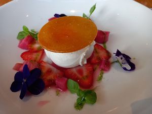 Poached rhubarb with vanilla ice cream at Hotel Portmeirion & Castell Deudraeth in Gwynedd