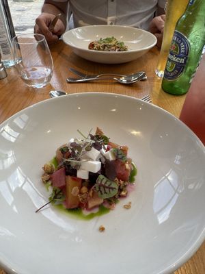 Mine: Vegan Feta, beetroot and rhubarb. His: rather spicy pea thing   at Hotel Portmeirion & Castell Deudraeth in Gwynedd