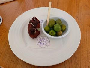 Beetroot Falafel and 
Olives. at Hotel Portmeirion & Castell Deudraeth in Gwynedd