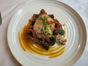 Teriyaki Glazed Maitake Mushroom, Tempura Lion's Main Mushroom, Broccoli, Pearl Barley. at Hotel Portmeirion & Castell Deudraeth in Gwynedd