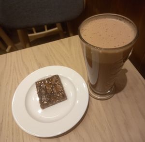 Terry's hot chocolate with coconut milk and millionaire treat at Costa Coffee in Dundee
