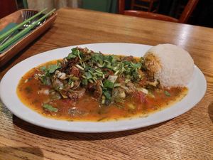 'Sot Thi La' (#31): dark soy fillets, veggies, tomato dill sauce (8.70€), good value for price! at Chay Village in Berlin