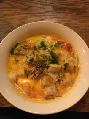 205 coconut soup with vegetables and noodles+ extra tofu at Chay Village in Berlin
