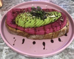 Beetroot hummus with avocado   at Love Vibe - DIFC in Dubai