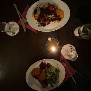 Tortellini with tempeh filling (top) and fried mushroom risotto (bottom) at Vaust Braugaststatte in Berlin