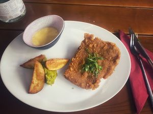 Tempeh-Schnitzel with Sauce Hollandaise   at Vaust Braugaststatte in Berlin