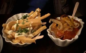 chickpea frites, currywurst  at Vaust Braugaststatte in Berlin