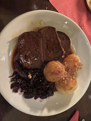  Seitan roast with potato dumplings, red cabbage and brown sauce   at Vaust Braugaststatte in Berlin