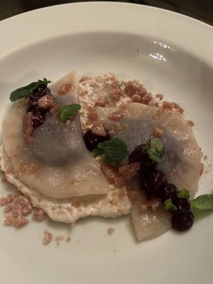 Sweet piroggi on cashew ricotta and caramel   at Vaust Braugaststatte in Berlin