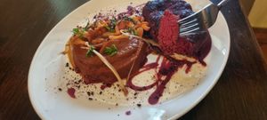 steak made of beetroot and mushrooms at Vaust Braugaststatte in Berlin